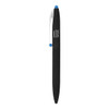 A black metal ballpoint pen with a blue stylus tip and a clear pen clip. The pen features a logo.