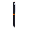 A black metal ballpoint pen with an orange accent and a stylus tip, featuring a silver clip and logo.