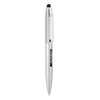 A silver metal ballpoint pen with a twist mechanism and a stylus tip. The pen features a branding logo.