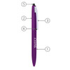 A purple metal ballpoint pen with a stylus tip and a clip. Features a logo and numbered points indicating its design elements.