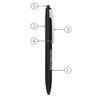 A black metal ball pen with a silver clip and a stylus tip, featuring a logo on the barrel.
