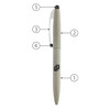 A grey metal ball pen with a twist mechanism and a stylus tip, featuring a logo on the body.