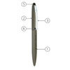 A metal ball pen in an olive green colour with a stylus tip, featuring a silver clip and branding.