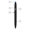 A black metal ball pen with a blue stylus tip and a transparent clip, featuring a logo.