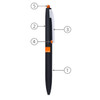A black metal ballpoint pen with an orange accent and clip, featuring a twist mechanism and branding.