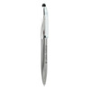 A silver metal ball pen with a twist mechanism and a stylus tip, featuring a logo on the body.
