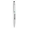 A silver metal ballpoint pen with a stylus tip and a clip, featuring a logo on the barrel.