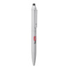 A silver metal ballpoint pen with a stylus tip and a clip, featuring a logo on the barrel.