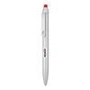 A silver metal ballpoint pen with a red stylus tip and a clip, featuring a small logo.