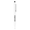 A metal ballpoint pen in white with a stylus tip and a logo. It features a twist mechanism for writing.