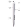 A sleek, metallic silver ballpoint pen with a stylus tip and a clip, featuring a logo near the base.