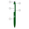 A green metal ballpoint pen with a stylus tip and a clip, featuring a logo on the side.