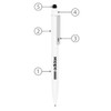 A white metal ballpoint pen featuring a stylus tip and a clip, with a logo displayed on the barrel.