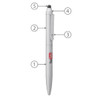 A metal ballpoint pen in white with a stylus tip, featuring a clip and a logo.