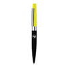 A black metal ball pen with a chrome clip and a bright yellow cap, featuring a logo.