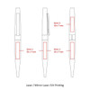 A diagram of a BND77 PERI twist metal ball pen, featuring three views and areas for laser printing. The pen is sleek in design.