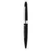 A sleek black metal ballpoint pen with a twist mechanism and a stylus tip, featuring a logo.