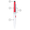 A red and silver metal ballpoint pen with a stylus tip and a branding logo. The pen features a twist mechanism.