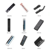 A collection of metal ball pens in various colours, displayed in packaging with some featuring logos.