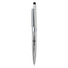 A metal ballpoint pen with a sleek silver finish and a black stylus tip, featuring a logo.