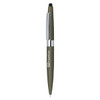 A metal ballpoint pen in olive green with a silver clip and a stylus tip, featuring a logo.