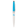 A metal ballpoint pen with a white barrel, blue grip, and a logo on the side. It features a twist mechanism and stylus tip.