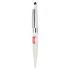A white metal ballpoint pen with a chrome clip and a stylus tip, featuring a logo.