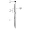 A silver metal ballpoint pen with a twist mechanism and a stylus tip, featuring a clip and branding.