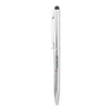 A sleek silver metal ballpoint pen with a twist mechanism and a stylus tip, featuring a logo.