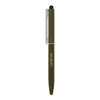 A metal ballpoint pen in olive green with a silver clip and a stylus tip, featuring a logo.