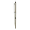 A metal ball pen in grey with a silver clip and a logo on the barrel. It features a twist mechanism and a stylus tip.