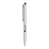 A silver metal ballpoint pen with a stylus tip and a clip. It features branding on the side.