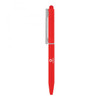 A red metal ballpoint pen with a silver clip and a logo. Suitable for writing purposes.