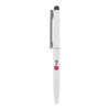 A white metal ballpoint pen with a silver clip and branding, featuring a stylus tip at the end.