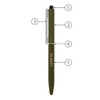 A green metal ballpoint pen with a clip and a stylus tip, featuring a logo on the barrel.