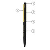 Metal ballpoint pen in black with gold accents, featuring a sleek design and a branding logo.