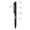 A black metal ballpoint pen with a stylus tip, featuring a clip and branding.