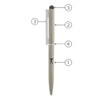 A metal ballpoint pen in grey with a clip and stylus tip, featuring a branding logo.