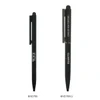 A thin black metal ball pen with a stylus tip and a branding logo on the side.