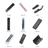 A collection of metal ball pens in various colours, displayed in packaging with some featuring logos.