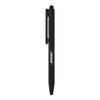 A sleek black metal ballpoint pen with a stylus tip and a branding logo. Ideal for writing and touch screen use.