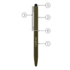 A metal ball pen in olive green with a silver clip and a stylus tip. It features a branding logo.