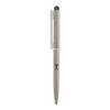 A metal ball pen with a grey eco-friendly finish and a stylus tip, featuring a logo on the barrel.