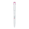 A white metal ballpoint pen with a pink clip, featuring a logo on the barrel.