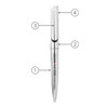 A silver metal ballpoint pen with a sleek design and a logo on the barrel.