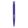 A purple metal ball pen with a logo and a twist mechanism for writing.