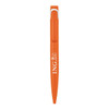 An orange metal ballpoint pen with a clip and branding on the side.