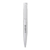 A silver metal ball pen with a clip and branding on the barrel.