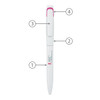 A white metal ball pen with a twist mechanism and a pink accent. Features a clip and a logo.