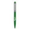 A green metal ballpoint pen with a sleek design and a logo on its body.